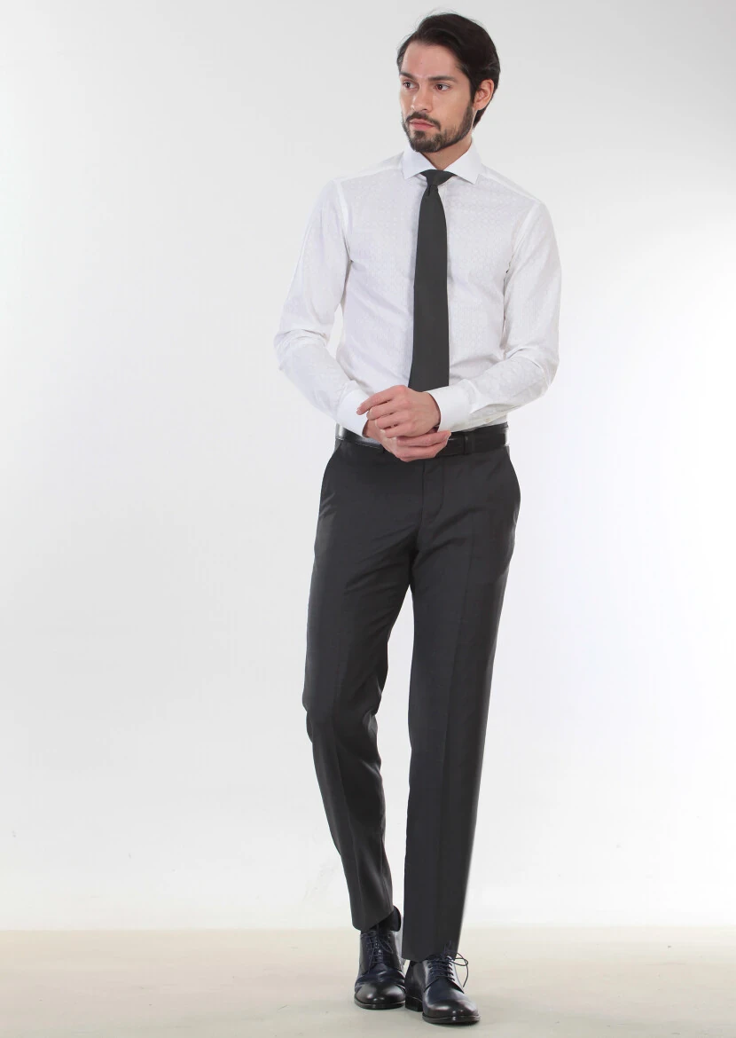 Beyaz Baskılı Slim Fit Dokuma Klasik %100 Pamuk Gömlek - 3
