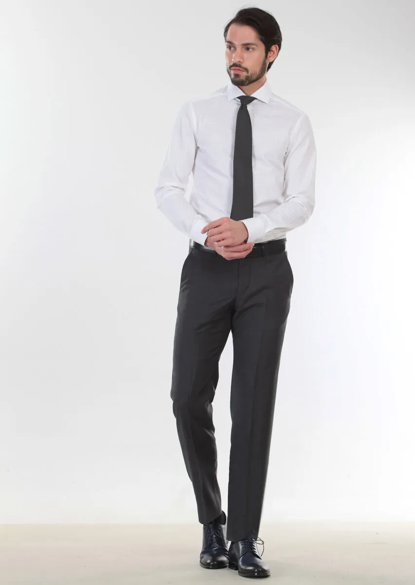 Beyaz Baskılı Slim Fit Dokuma Klasik %100 Pamuk Gömlek - 3