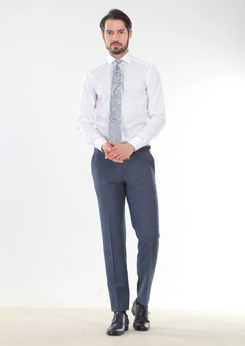 Beyaz Baskılı Slim Fit Dokuma Klasik %100 Pamuk Gömlek - 3