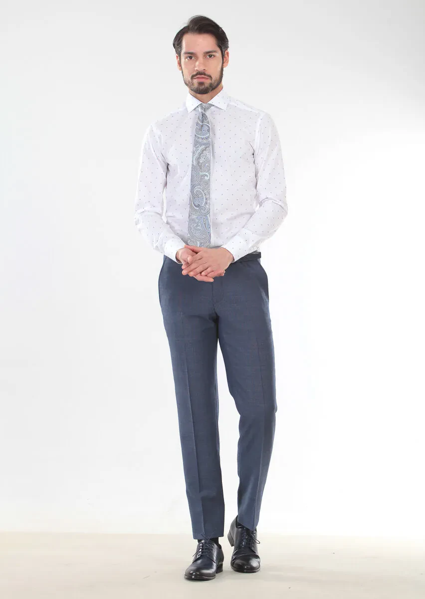 Beyaz Baskılı Slim Fit Dokuma Klasik %100 Pamuk Gömlek - 3