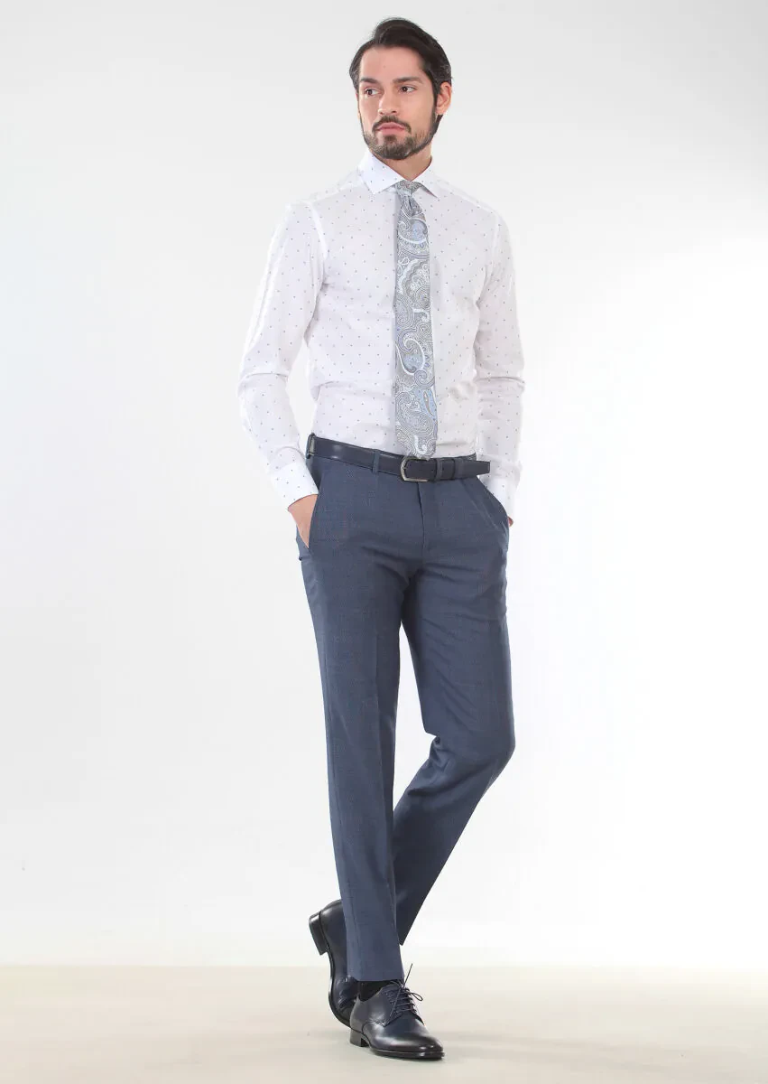 Beyaz Baskılı Slim Fit Dokuma Klasik %100 Pamuk Gömlek - 4