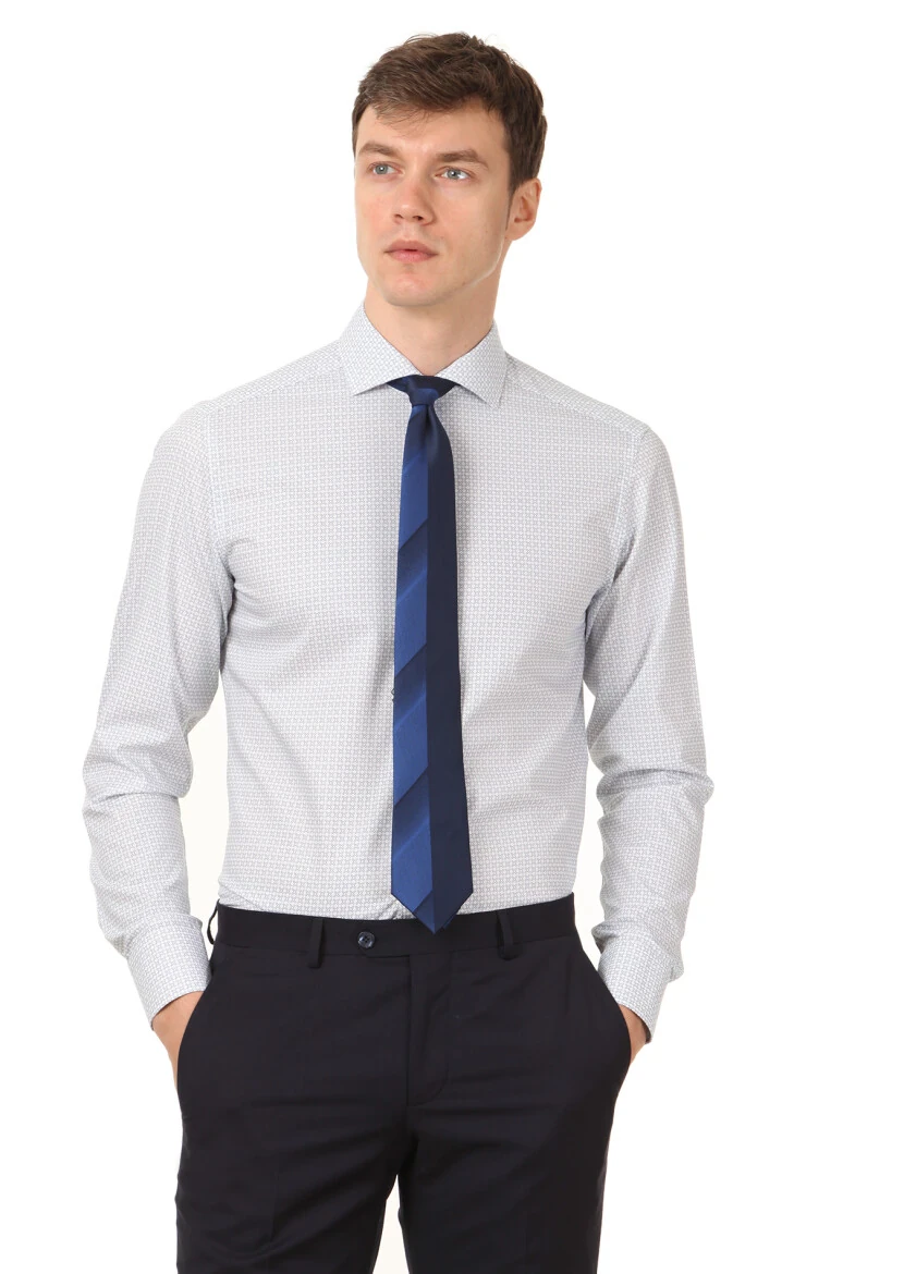 Beyaz Baskılı Slim Fit Dokuma Klasik %100 Pamuk Gömlek - 1