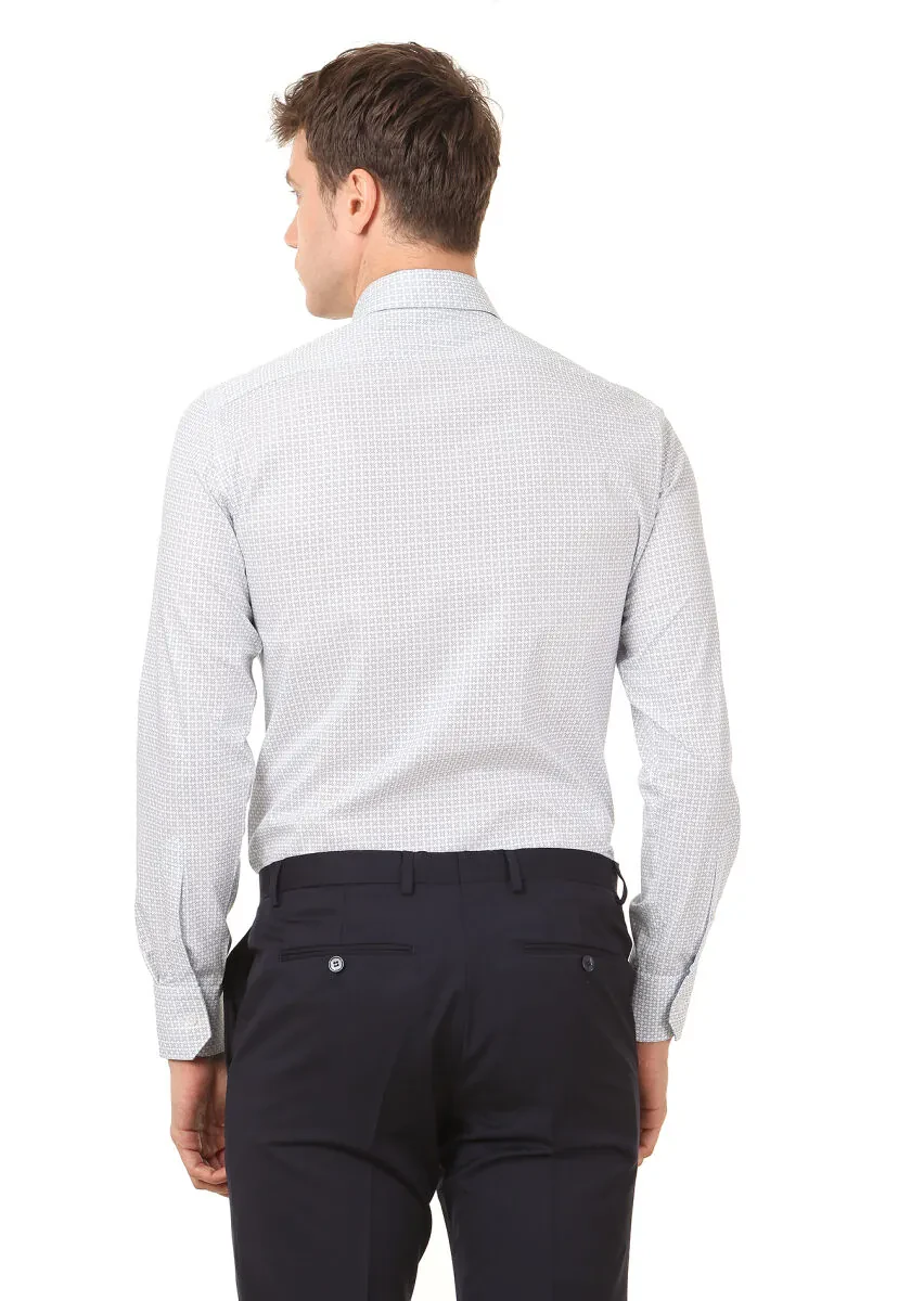 Beyaz Baskılı Slim Fit Dokuma Klasik %100 Pamuk Gömlek - 4