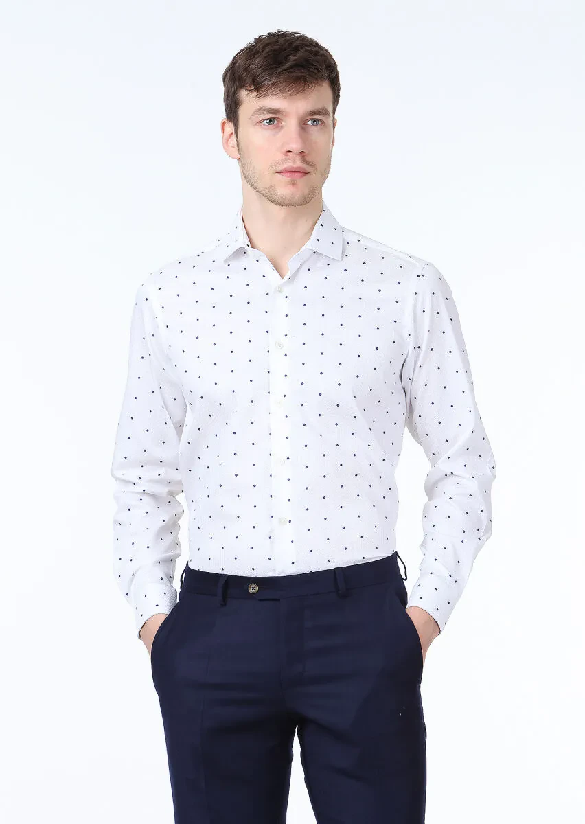 Beyaz Baskılı Slim Fit Dokuma Klasik %100 Pamuk Gömlek - 1