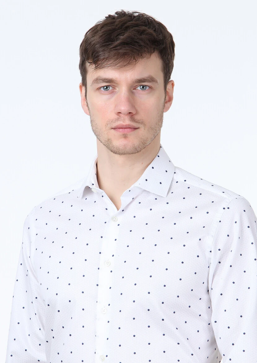 Beyaz Baskılı Slim Fit Dokuma Klasik %100 Pamuk Gömlek - 2