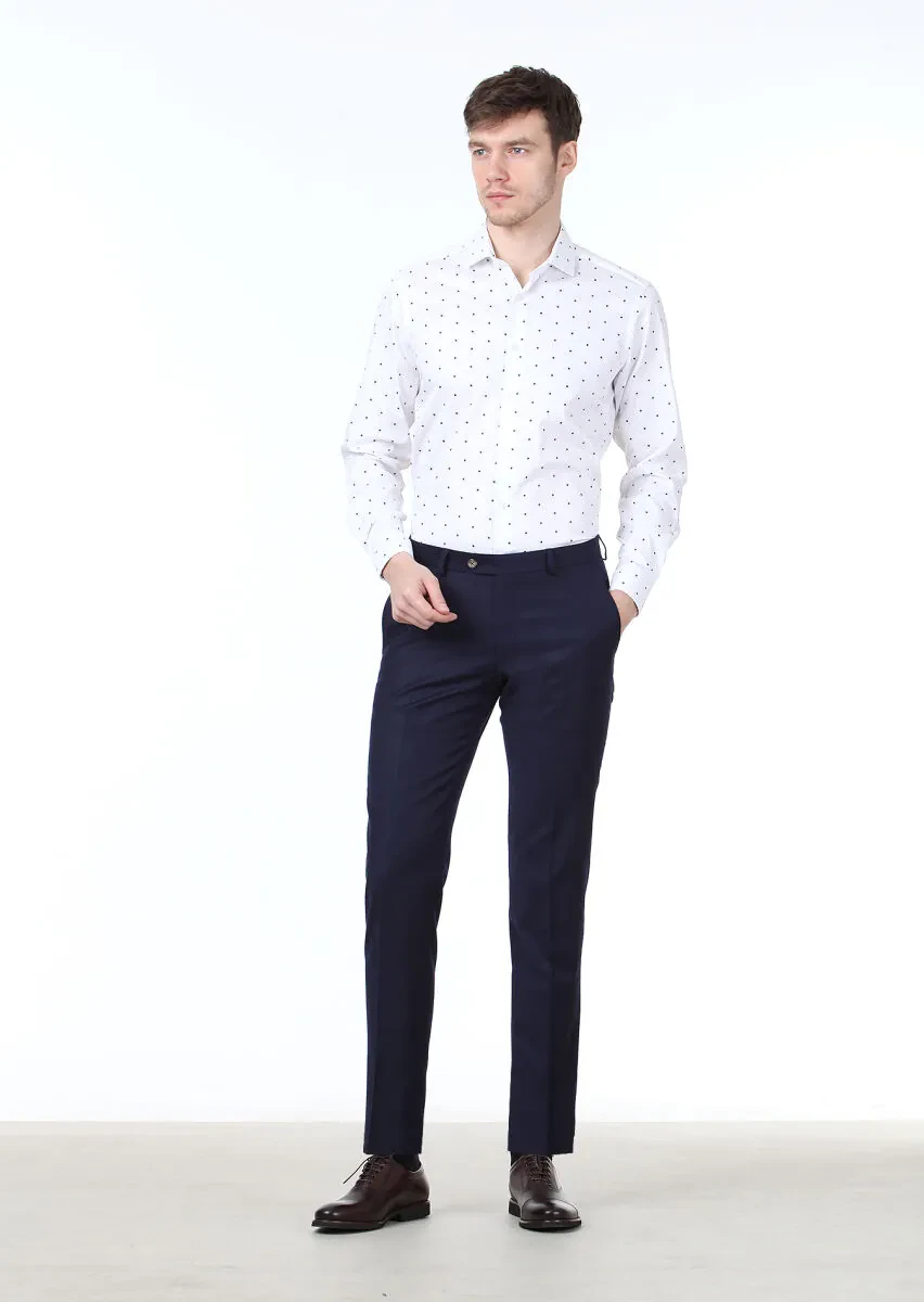 Beyaz Baskılı Slim Fit Dokuma Klasik %100 Pamuk Gömlek - 3