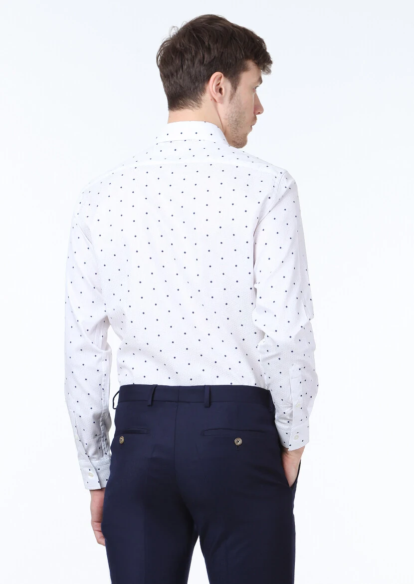 Beyaz Baskılı Slim Fit Dokuma Klasik %100 Pamuk Gömlek - 4