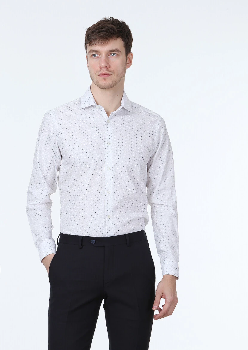 Beyaz Baskılı Slim Fit Dokuma Klasik %100 Pamuk Gömlek - 1