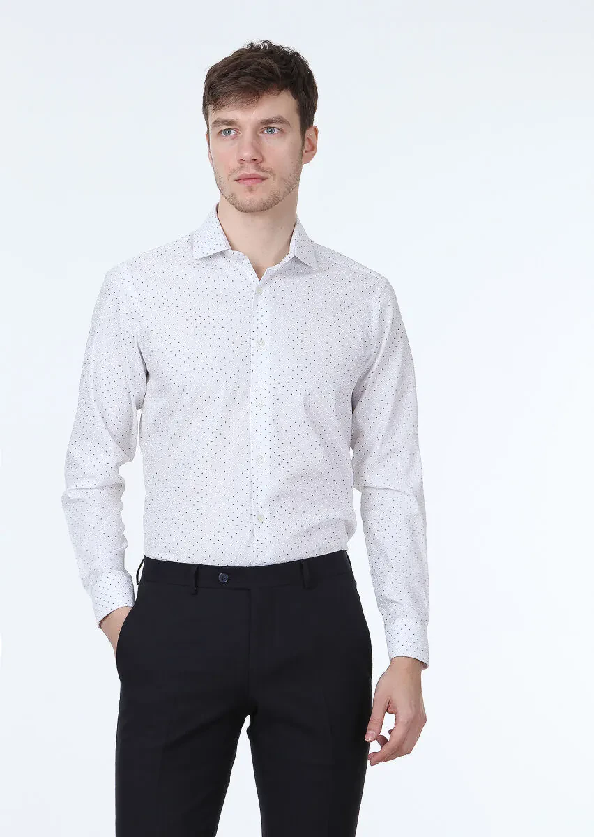 Beyaz Baskılı Slim Fit Dokuma Klasik %100 Pamuk Gömlek - 1