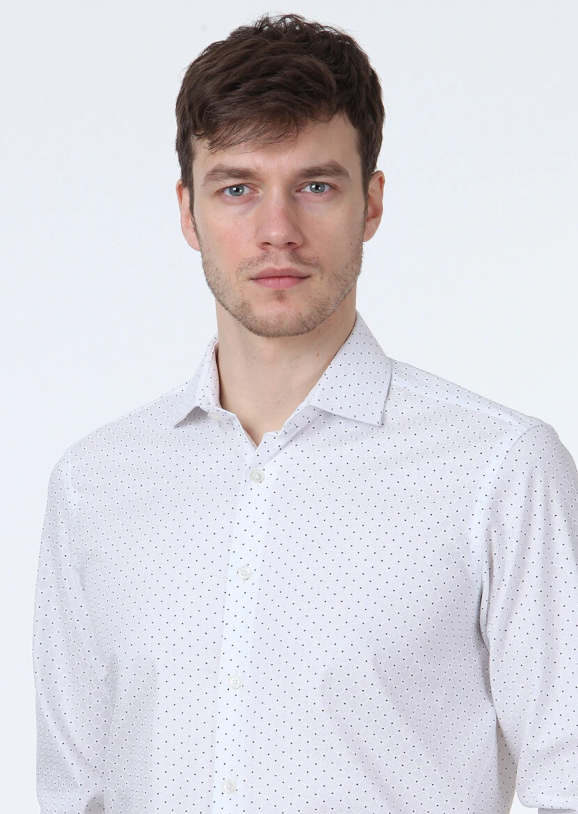 Beyaz Baskılı Slim Fit Dokuma Klasik %100 Pamuk Gömlek - 2