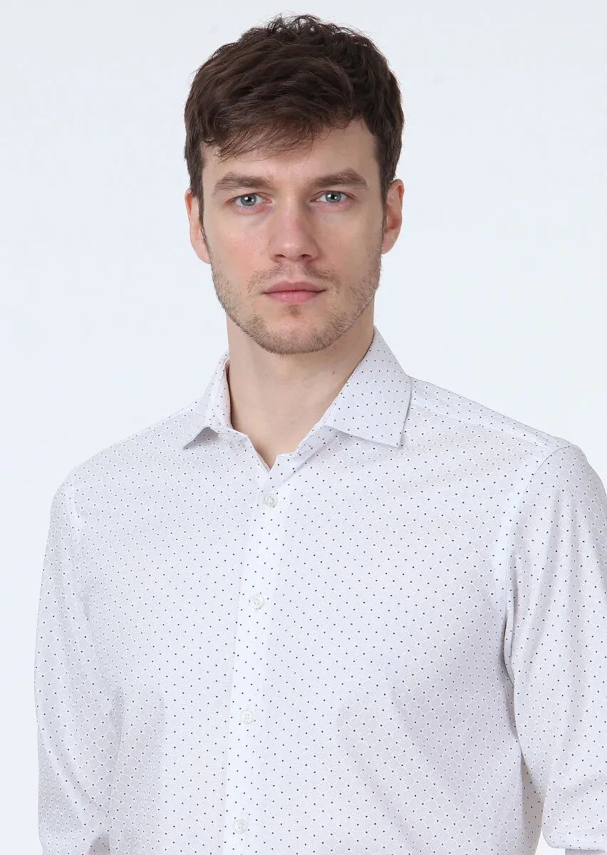 Beyaz Baskılı Slim Fit Dokuma Klasik %100 Pamuk Gömlek - 2