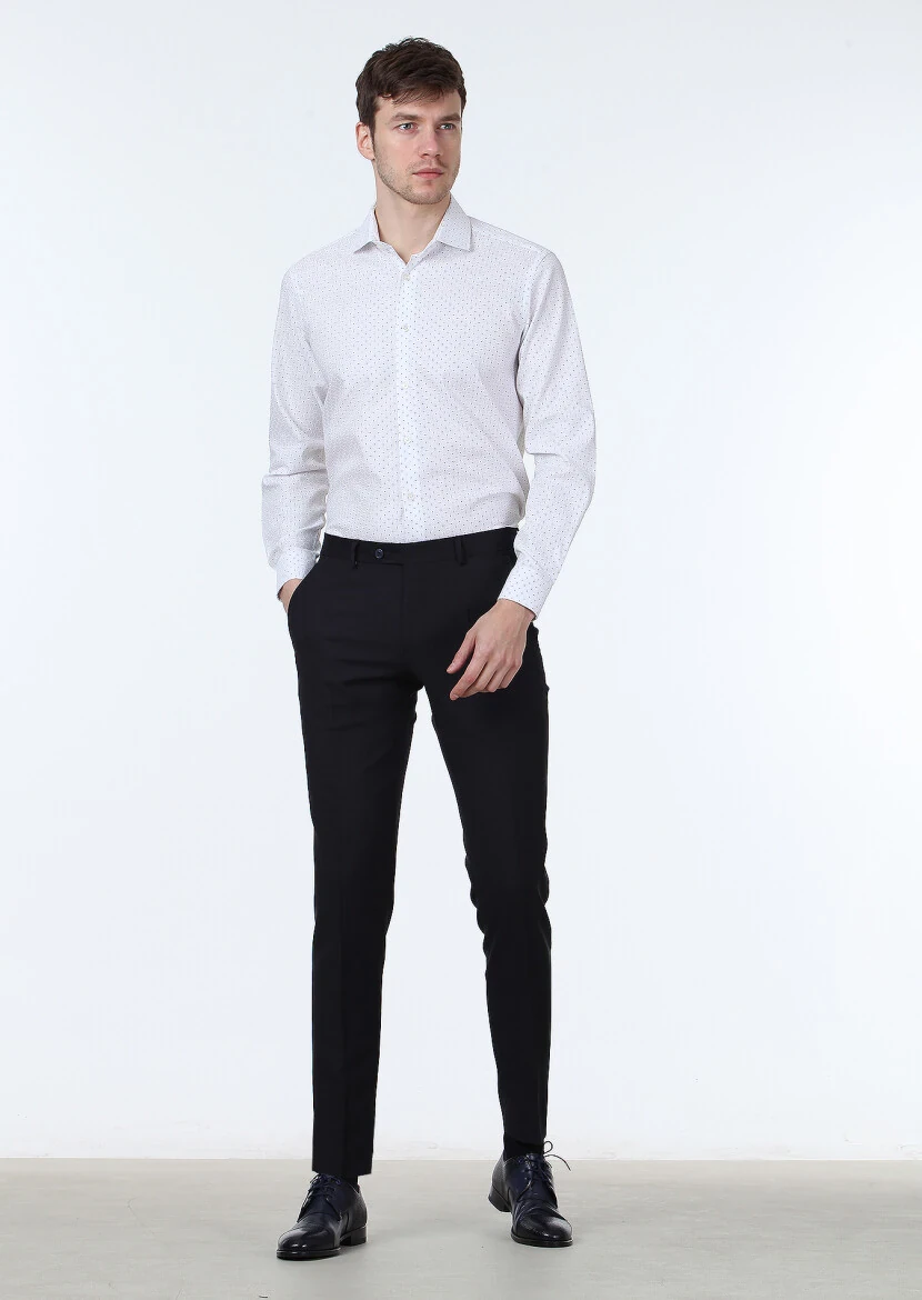 Beyaz Baskılı Slim Fit Dokuma Klasik %100 Pamuk Gömlek - 3