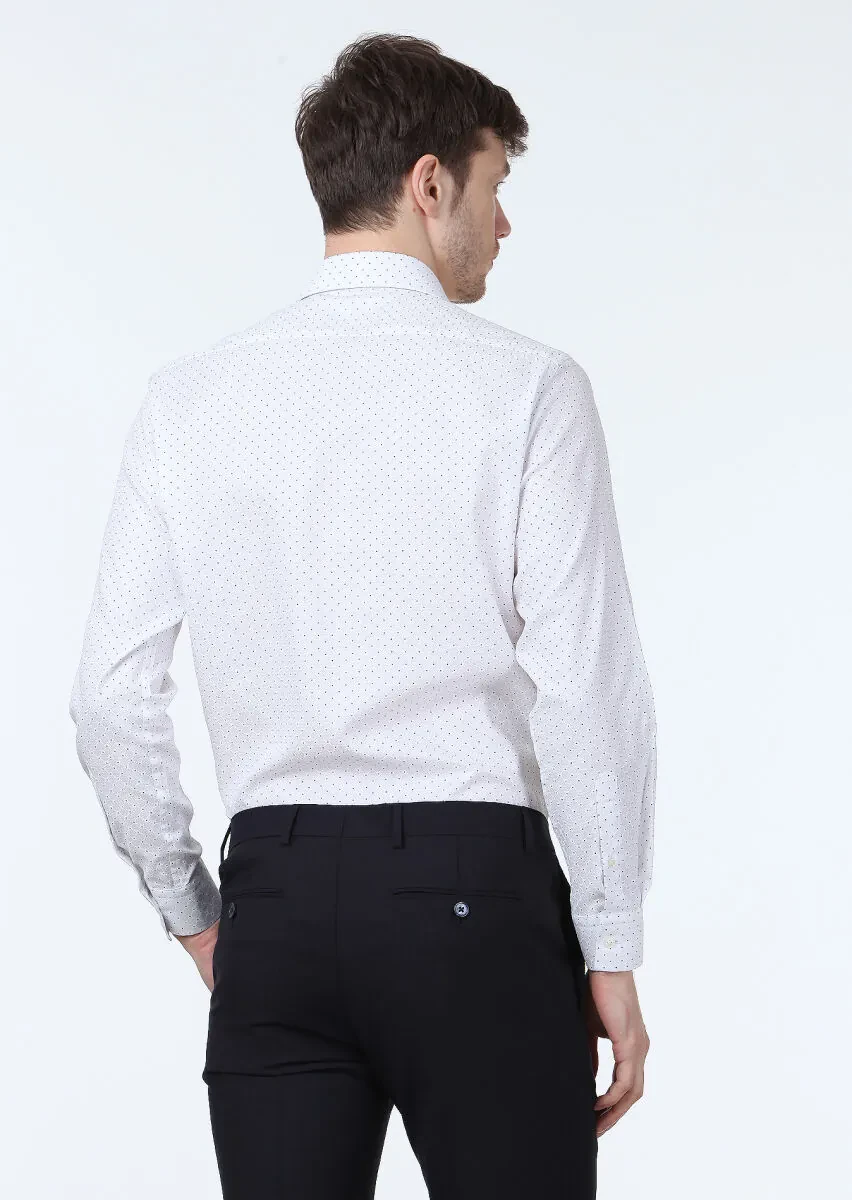 Beyaz Baskılı Slim Fit Dokuma Klasik %100 Pamuk Gömlek - 4