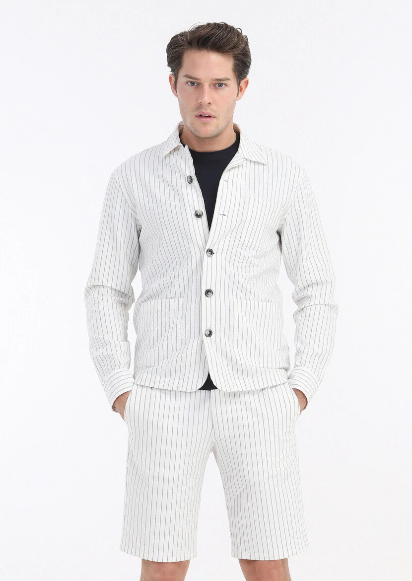 Beyaz Çizgili Casual Fit Dokuma Pamuk Karışımlı Overshırt - RAMSEY