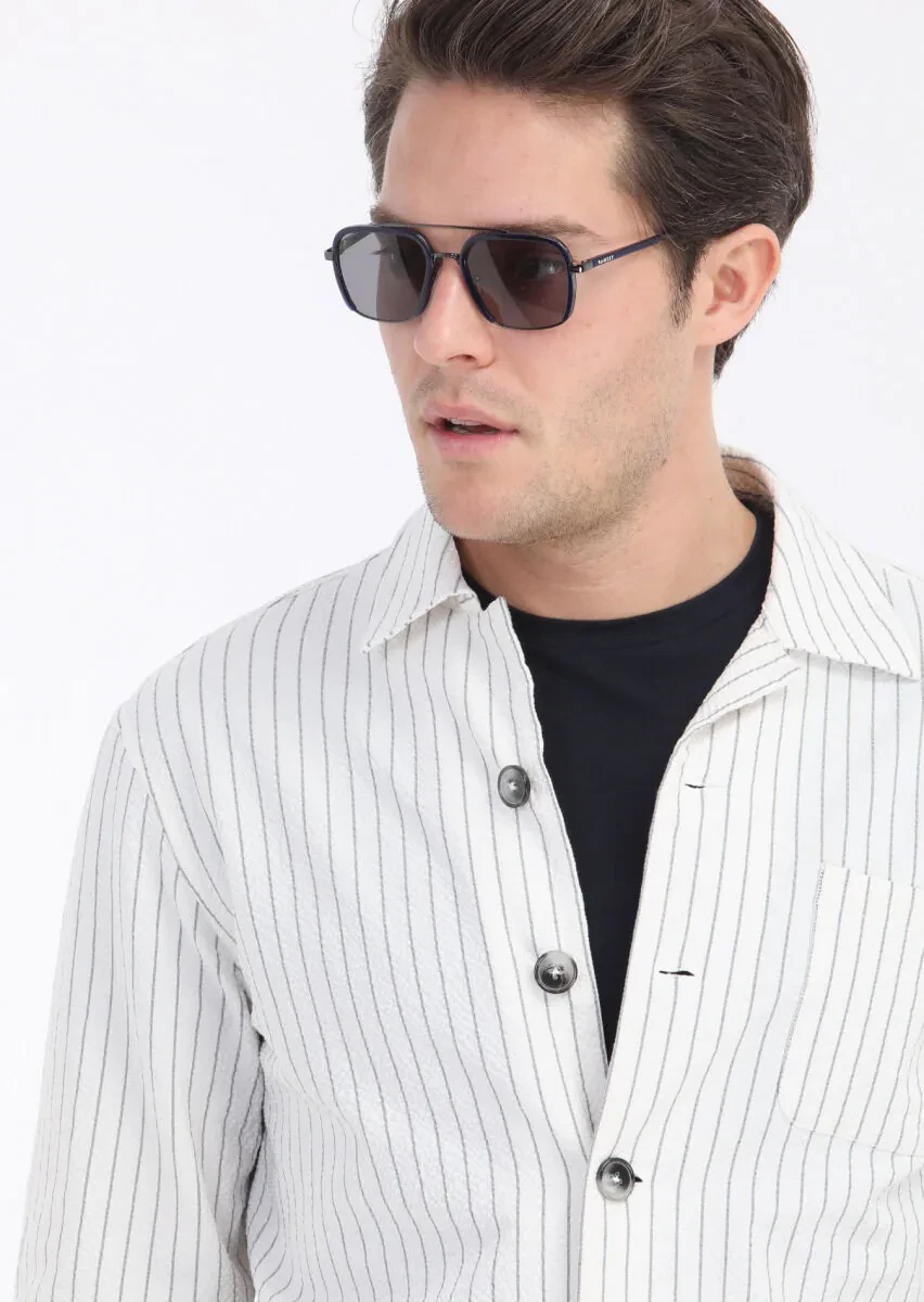 Beyaz Çizgili Casual Fit Dokuma Pamuk Karışımlı Overshırt - 4