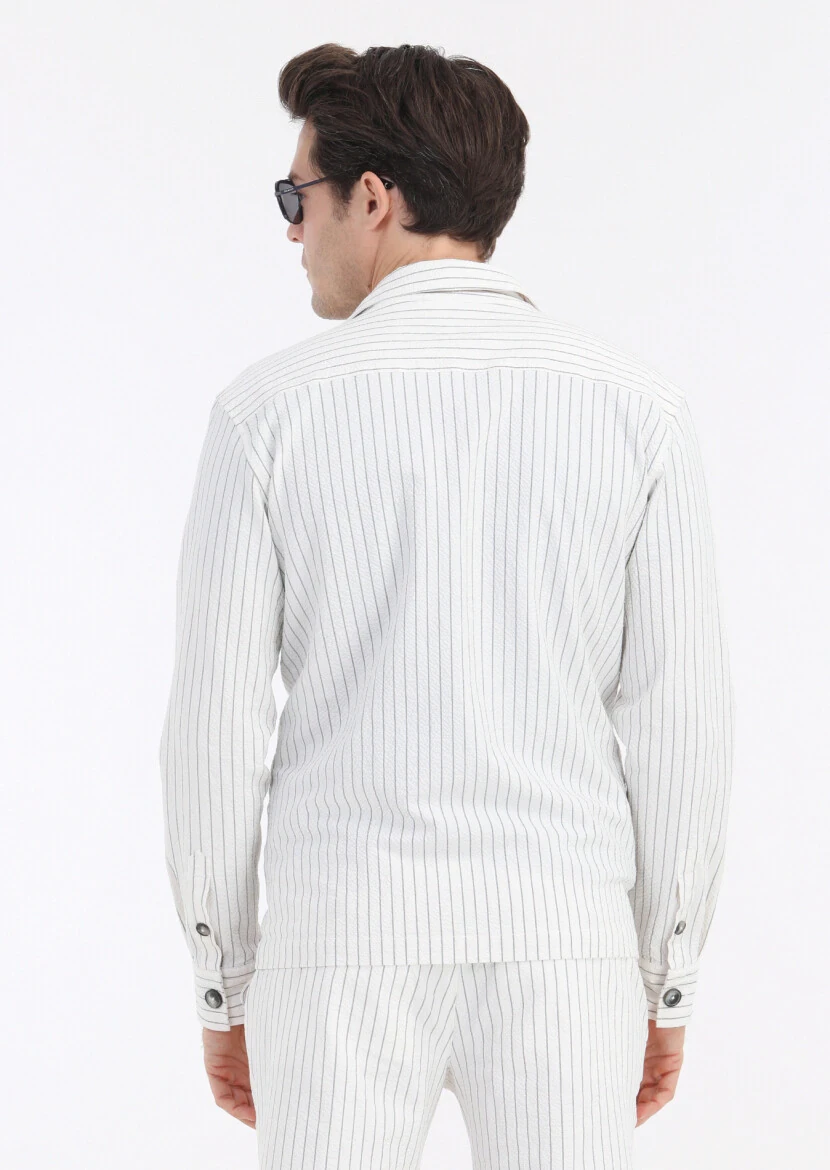 Beyaz Çizgili Casual Fit Dokuma Pamuk Karışımlı Overshırt - 5