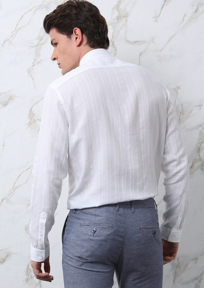 Beyaz Çizgili Regular Fit Dokuma Casual %100 Pamuk Gömlek - 5