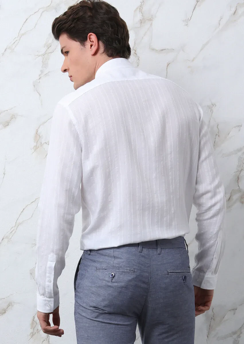 Beyaz Çizgili Regular Fit Dokuma Casual %100 Pamuk Gömlek - 5