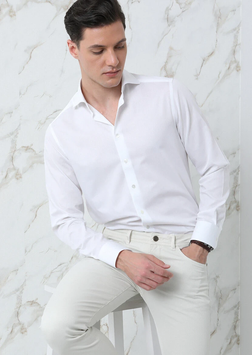 Beyaz Çizgili Regular Fit Dokuma Klasik %100 Pamuk Gömlek - 1