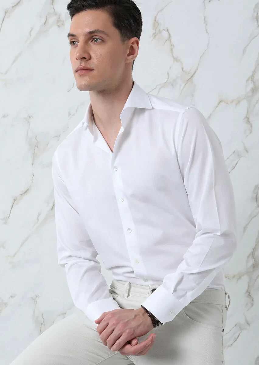 Beyaz Çizgili Regular Fit Dokuma Klasik %100 Pamuk Gömlek - 3