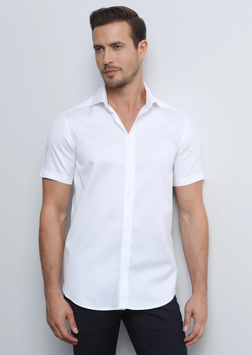 Beyaz Çizgili Regular Fit Dokuma Klasik %100 Pamuk Gömlek - 2