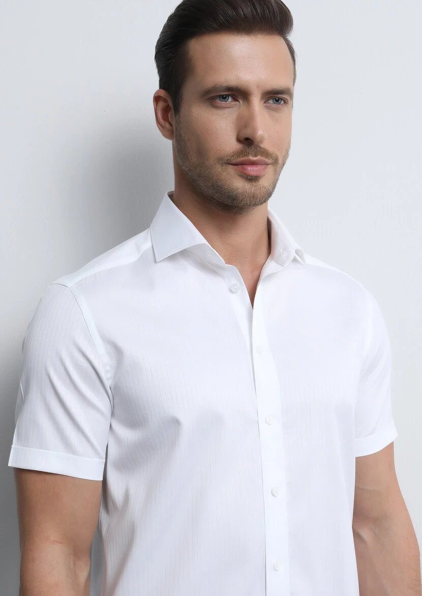 Beyaz Çizgili Regular Fit Dokuma Klasik %100 Pamuk Gömlek - 3
