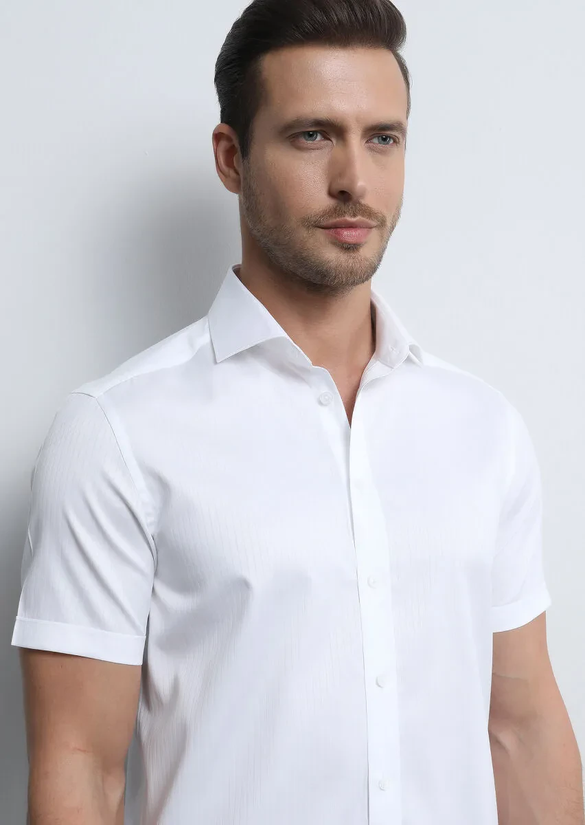 Beyaz Çizgili Regular Fit Dokuma Klasik %100 Pamuk Gömlek - 3