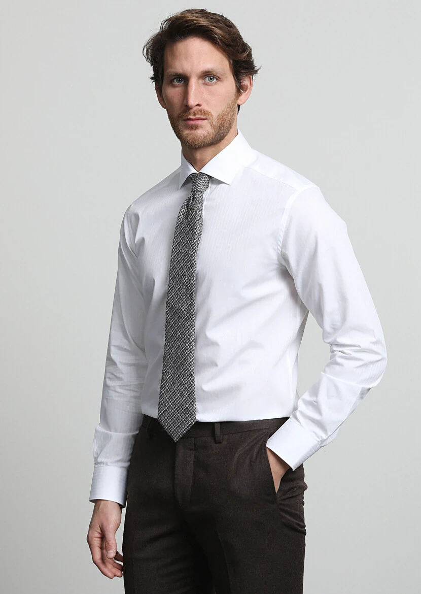 Beyaz Çizgili Regular Fit Dokuma Klasik %100 Pamuk Gömlek - 1