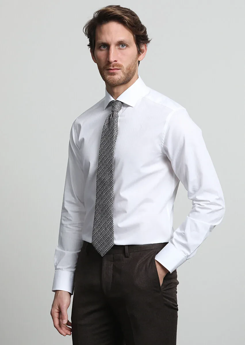 Beyaz Çizgili Regular Fit Dokuma Klasik %100 Pamuk Gömlek - 1