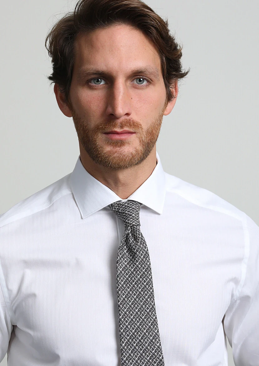 Beyaz Çizgili Regular Fit Dokuma Klasik %100 Pamuk Gömlek - 2