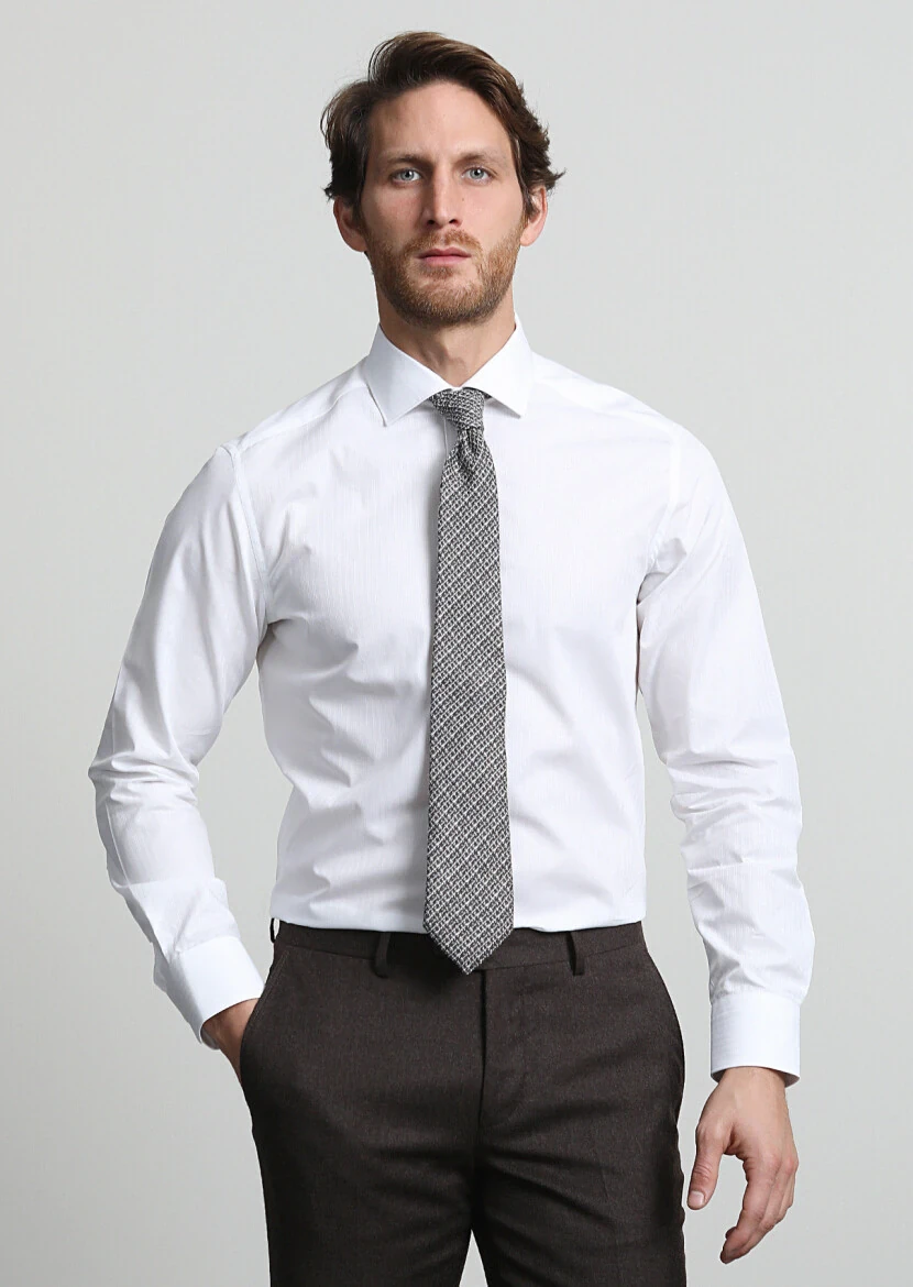 Beyaz Çizgili Regular Fit Dokuma Klasik %100 Pamuk Gömlek - 3