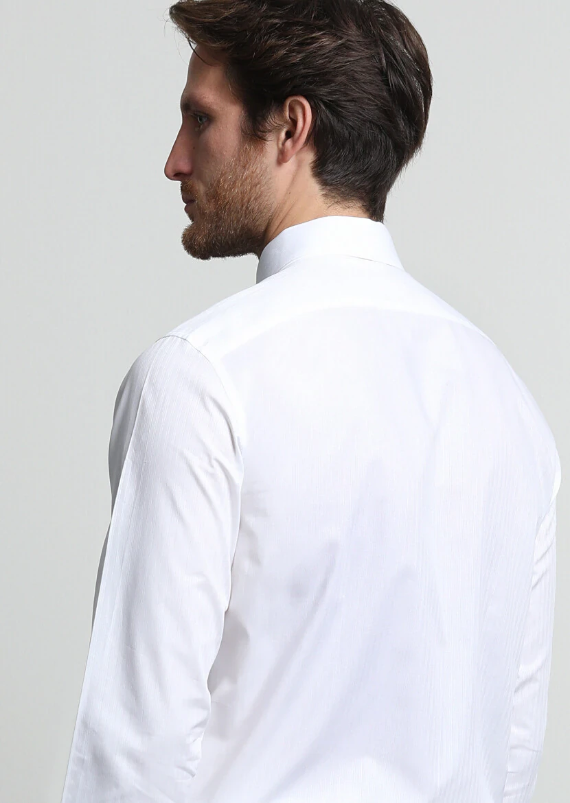 Beyaz Çizgili Regular Fit Dokuma Klasik %100 Pamuk Gömlek - 4