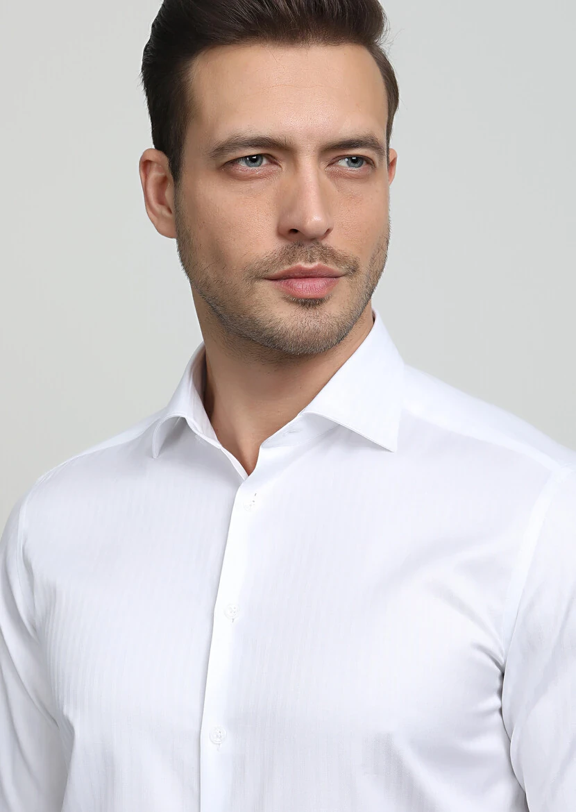 Beyaz Çizgili Regular Fit Dokuma Klasik %100 Pamuk Gömlek - 2