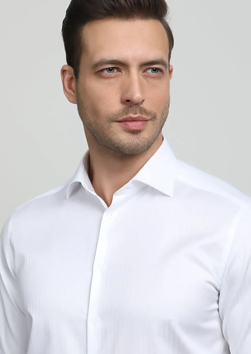 Beyaz Çizgili Regular Fit Dokuma Klasik %100 Pamuk Gömlek - 2