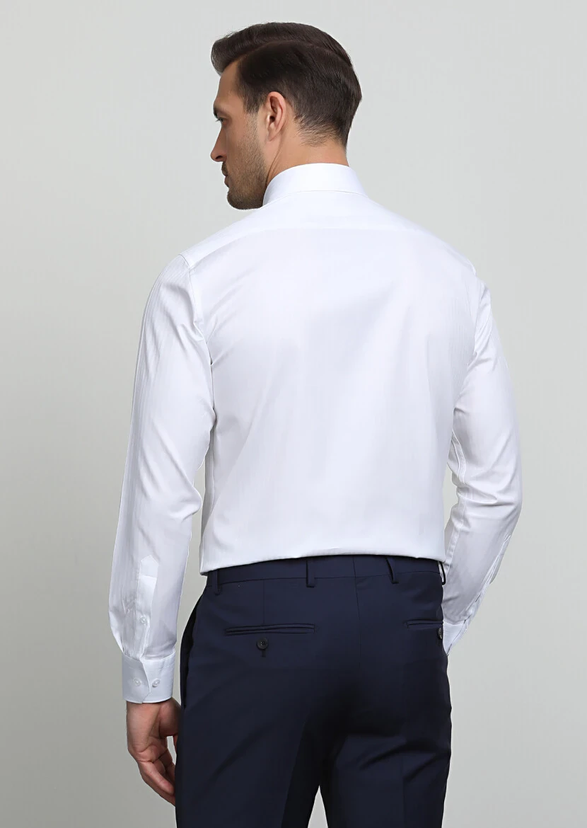 Beyaz Çizgili Regular Fit Dokuma Klasik %100 Pamuk Gömlek - 4