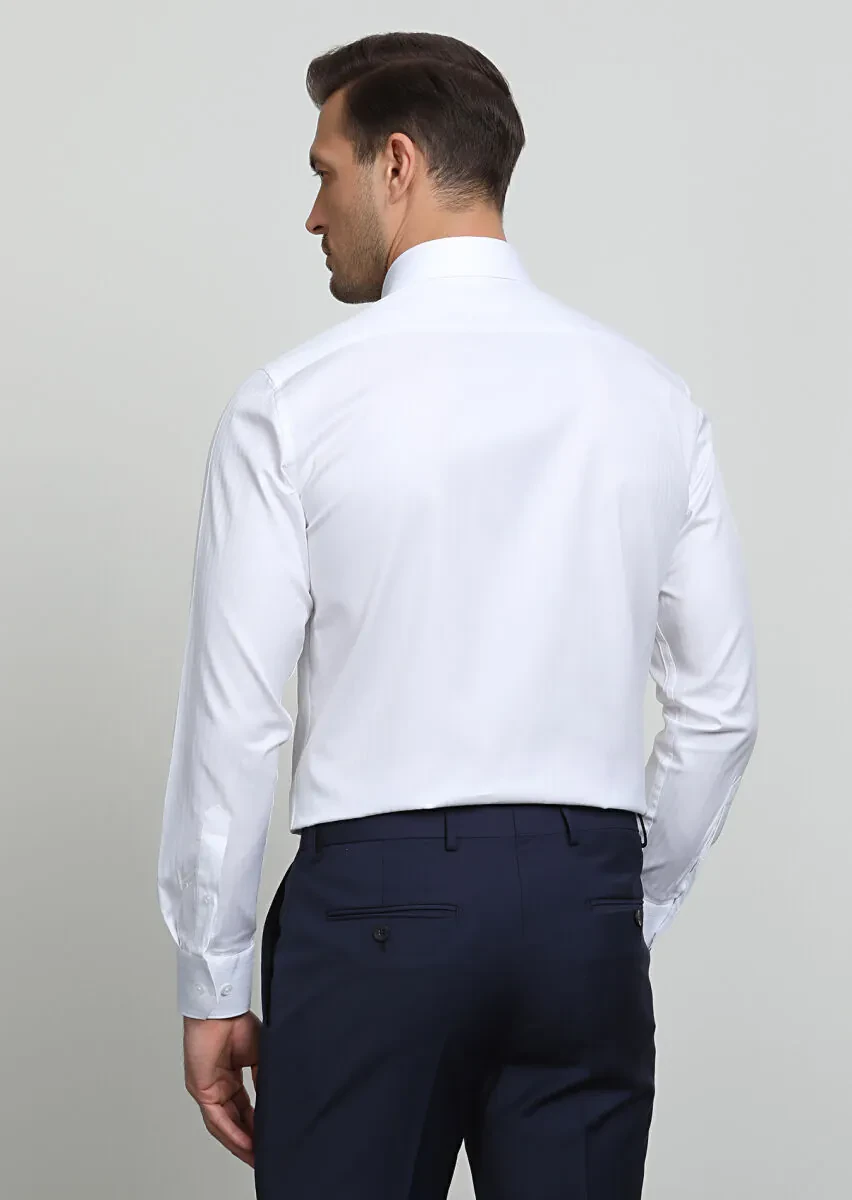 Beyaz Çizgili Regular Fit Dokuma Klasik %100 Pamuk Gömlek - 4