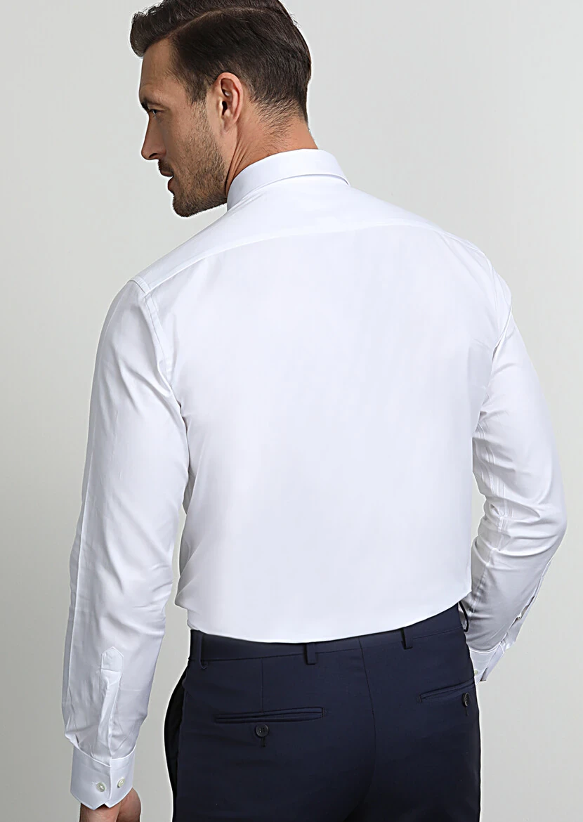 Beyaz Çizgili Regular Fit Dokuma Klasik %100 Pamuk Gömlek - 4