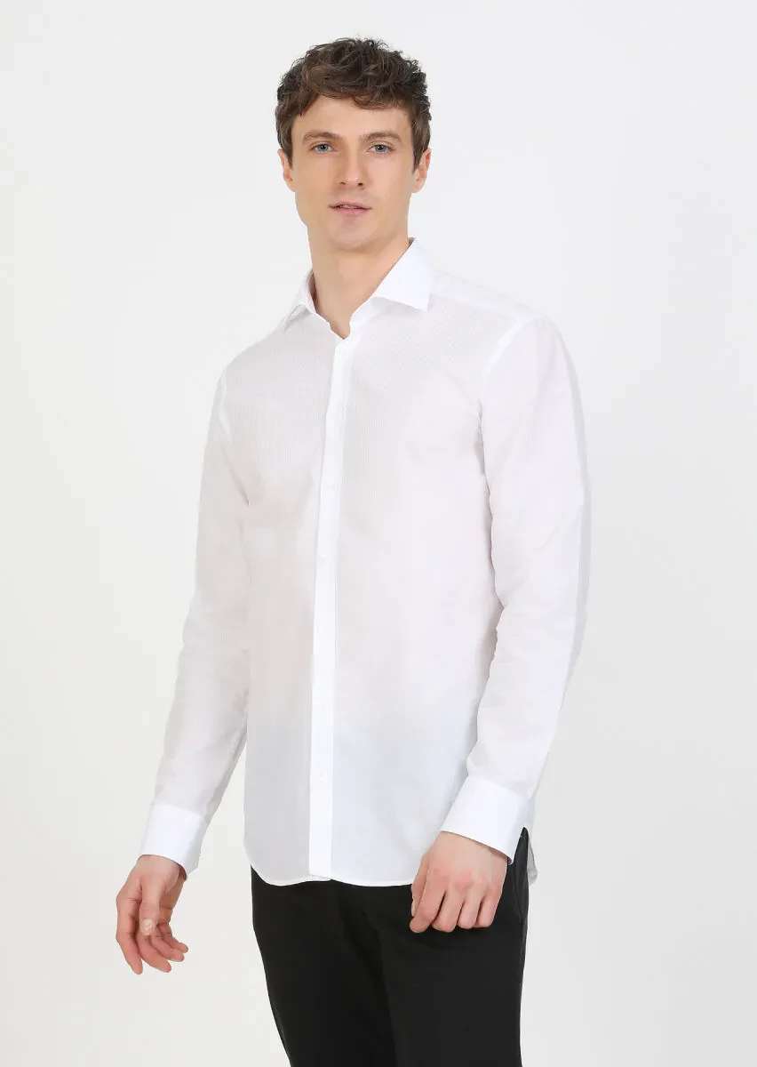 Beyaz Çizgili Regular Fit Dokuma Klasik %100 Pamuk Gömlek - 2