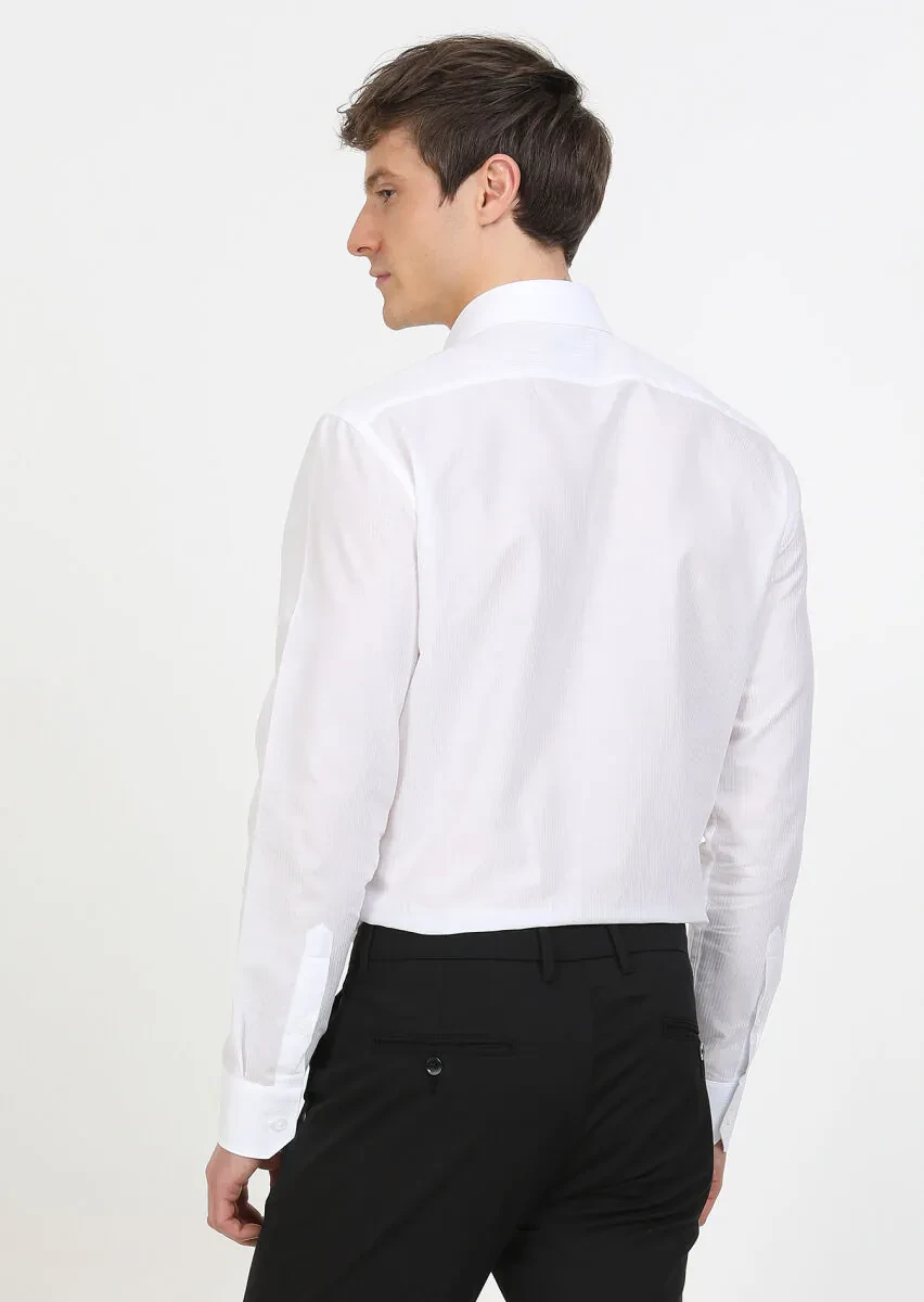 Beyaz Çizgili Regular Fit Dokuma Klasik %100 Pamuk Gömlek - 5