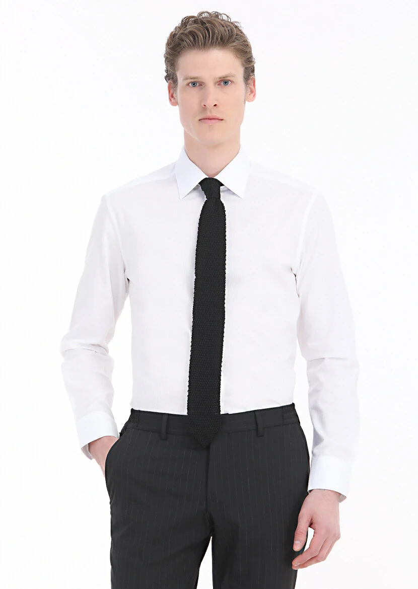 Beyaz Çizgili Regular Fit Dokuma Klasik %100 Pamuk Gömlek 