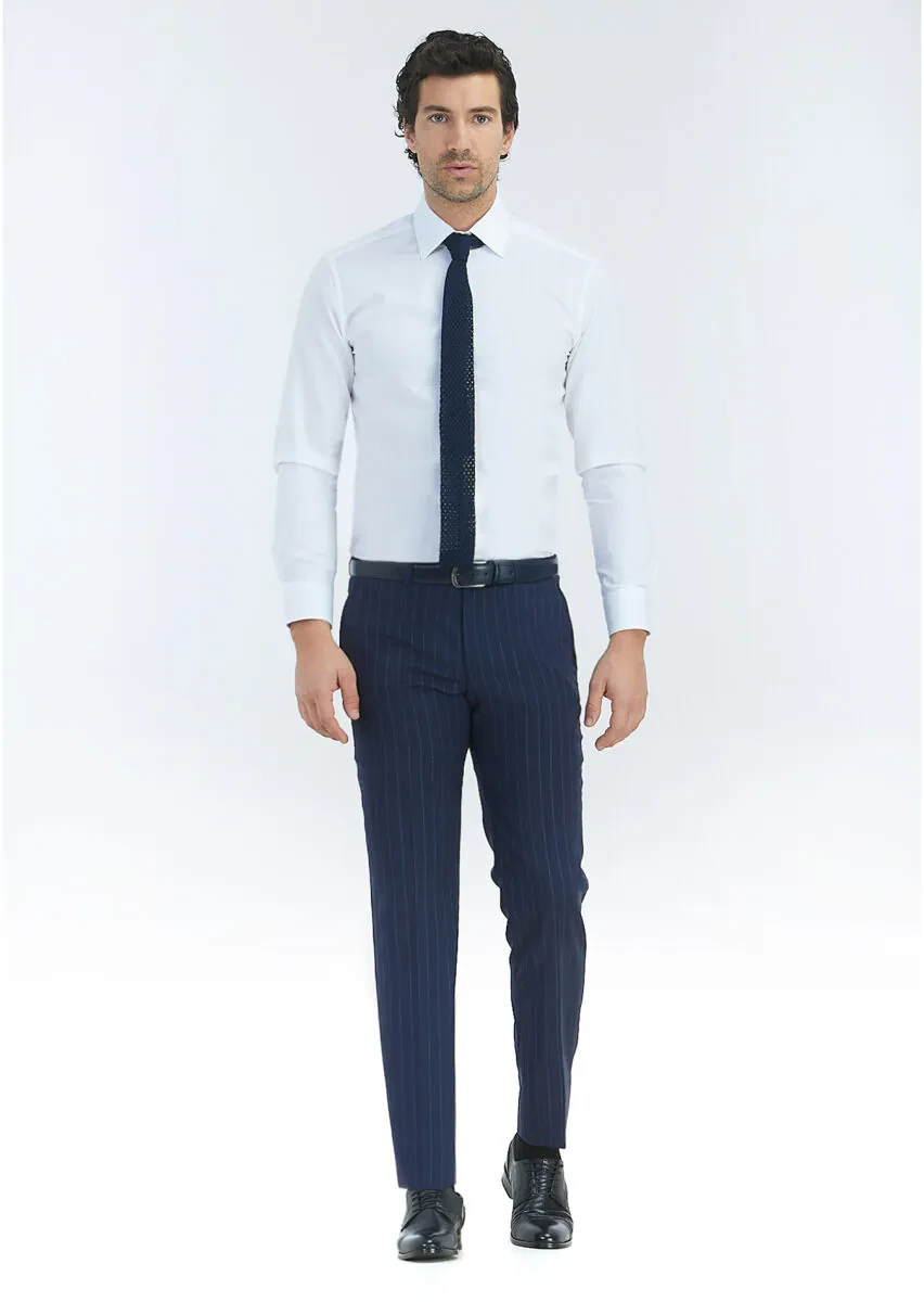 Beyaz Çizgili Regular Fit Dokuma Klasik %100 Pamuk Gömlek - 1