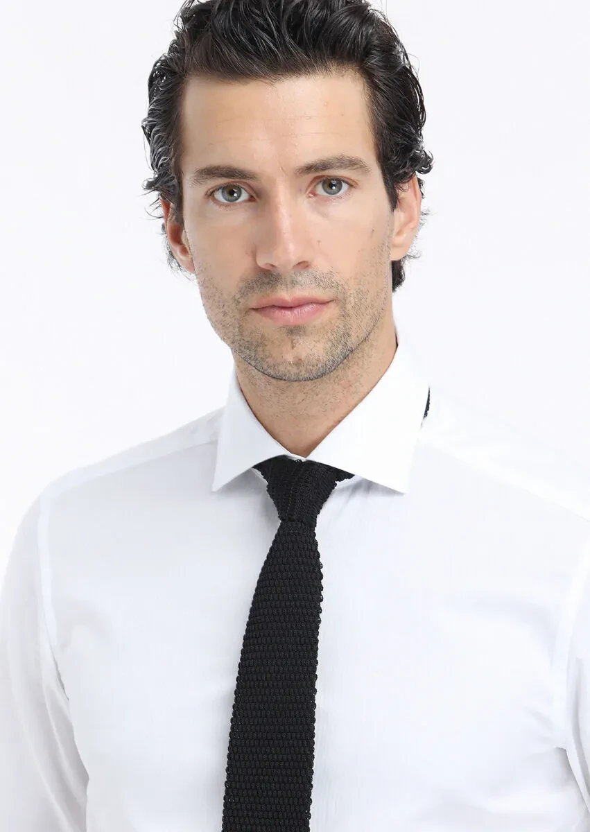 Beyaz Çizgili Regular Fit Dokuma Klasik %100 Pamuk Gömlek - 4