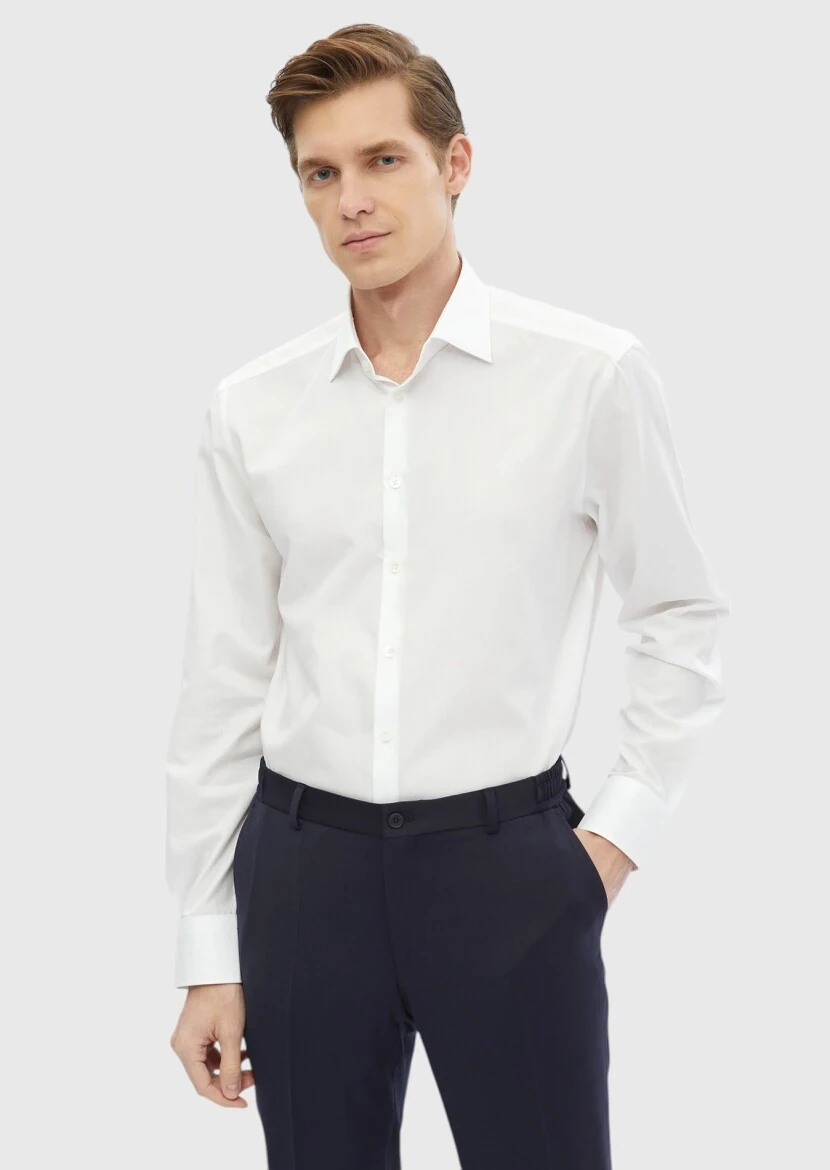 Beyaz Çizgili Regular Fit Dokuma Klasik %100 Pamuk Gömlek - RAMSEY