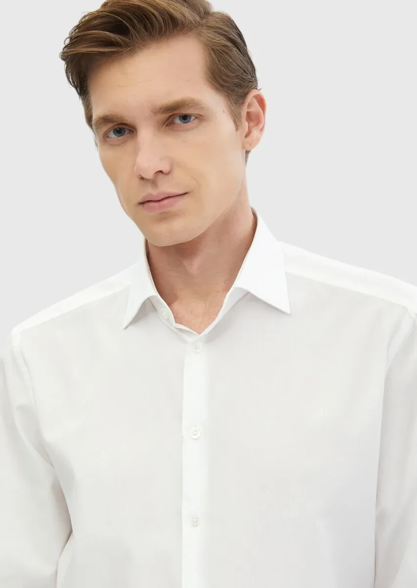 Beyaz Çizgili Regular Fit Dokuma Klasik %100 Pamuk Gömlek - 3