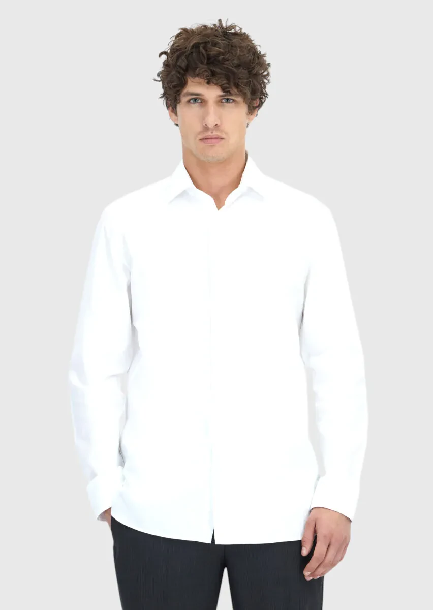 Beyaz Çizgili Regular Fit Dokuma Klasik %100 Pamuk Gömlek - 1