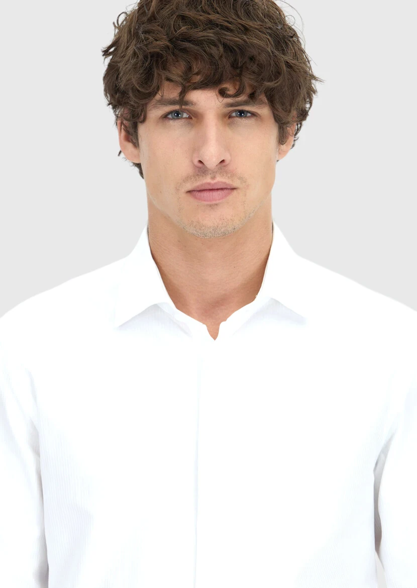 Beyaz Çizgili Regular Fit Dokuma Klasik %100 Pamuk Gömlek - 4