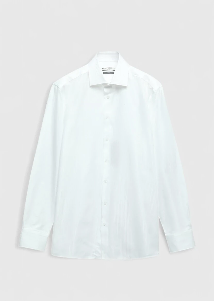 Beyaz Çizgili Regular Fit Dokuma Klasik %100 Pamuk Gömlek - 7