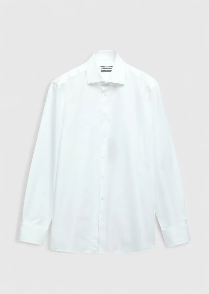 Beyaz Çizgili Regular Fit Dokuma Klasik %100 Pamuk Gömlek - 7