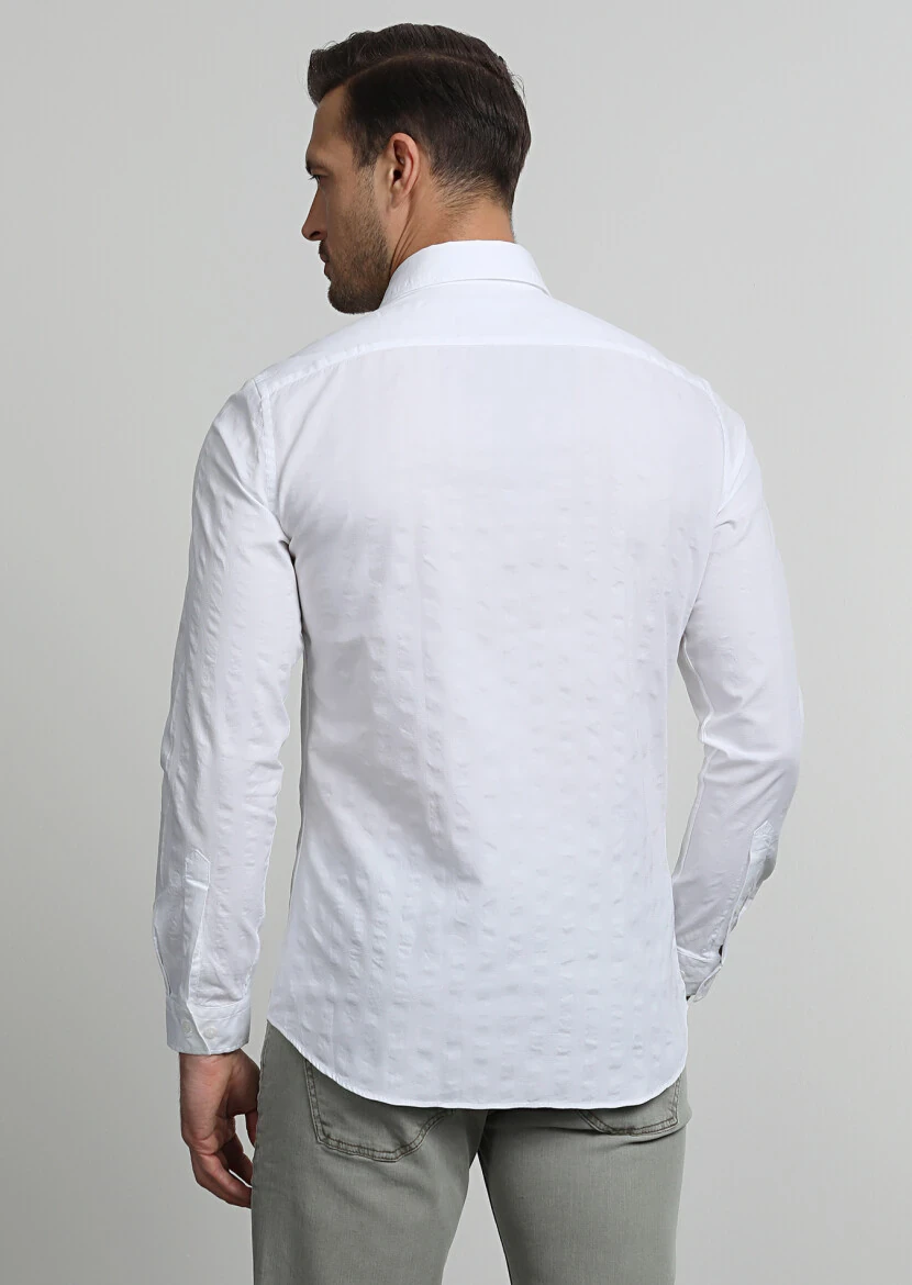 Beyaz Çizgili Slim Fit Dokuma Casual %100 Pamuk Gömlek - 4