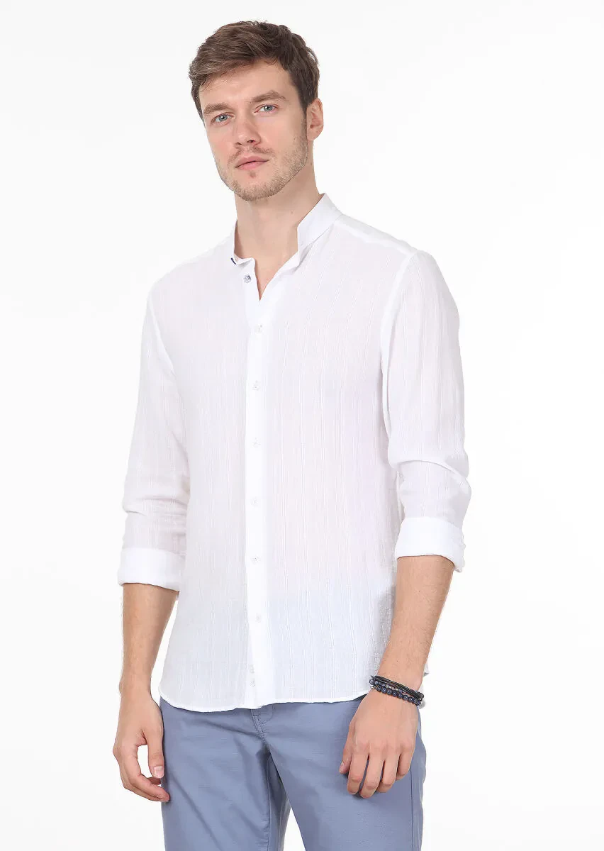 Beyaz Çizgili Slim Fit Dokuma Casual %100 Pamuk Gömlek - 1